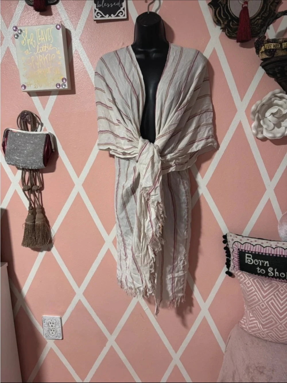 Elan Cream Wrap with Pink and Tan Stripes and Front Tie